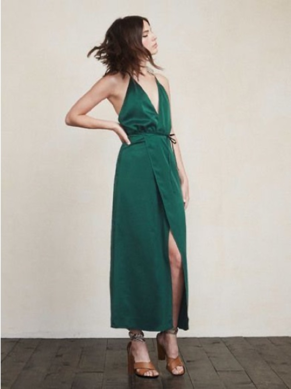 Reformation Emerald Green Backless Halter Wrap Dress